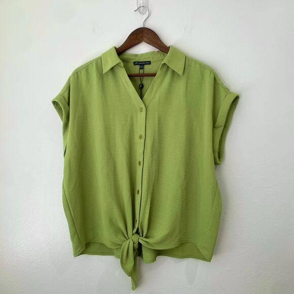 NWT Adriana Papell Blouse Button Down Tie Waist Large Short Sleeve Collar Green - Picture 1 of 9